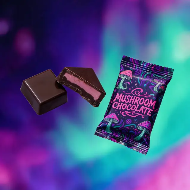 Single-serve mushroom chocolate pieces and wrapper