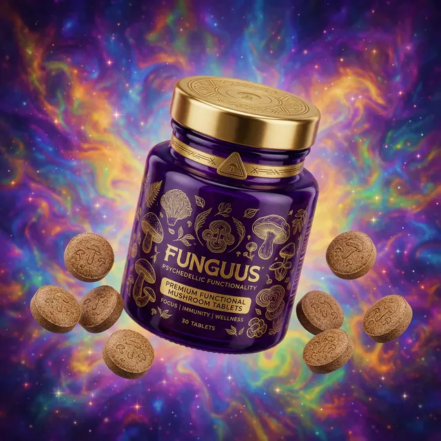 Jar of functional mushroom tablets